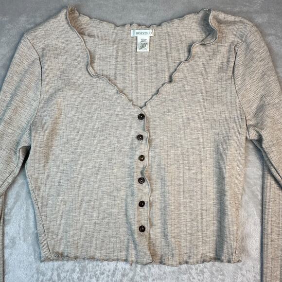 Bozzolo Oatmeal Long Sleeve Button Up Crop Lettuce Hem Blouse Size M Academia - Picture 11 of 11